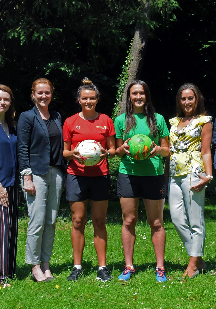 L-R: Welsh Netball's Head of Performance Rosie Pretorius, Celtic Dragons Commercial and Operations Manager Catherine Marin, Welsh Netball CEO Sarah Jones, Wales netball star Nia Jones, Wales and Celtic Dragons star Fern Davies, Orthotix Hayley Huntley, Orthotix Tom Cooper, Ace Feet in Motion Paul Cooper.