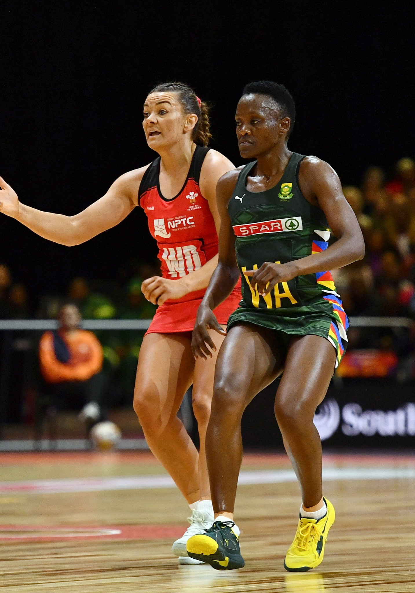 CAPE TOWN, SOUTH AFRICA - JULY 28: Nia Jones (Captain) of Wales and Bongiwe Msomi (Captain) of South Africa during the Netball World Cup 2023, Pool C match between South Africa and Wales at Cape Town International Convention Centre Court 1 on July 28, 2023 in Cape Town, South Africa. (Photo by Ashley Vlotman/Gallo Images/Netball World Cup 2023)